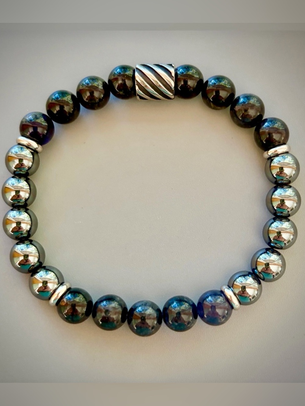 Dark Blue Demortierite and Hematite Handcrafted Beaded Bracelet